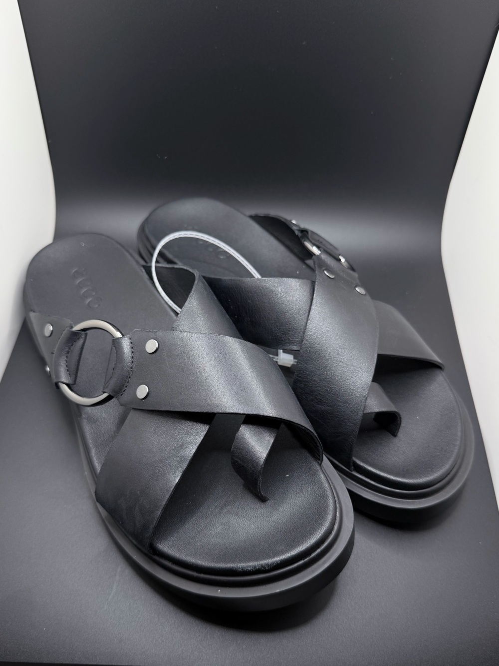 Ecco Black Leather Cross-Strap Slide Sandals NWOB - Picture 4 of 15